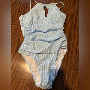 Ellen Tracy Light Blue and White Striped One-Piece Swimsuit Sz 10